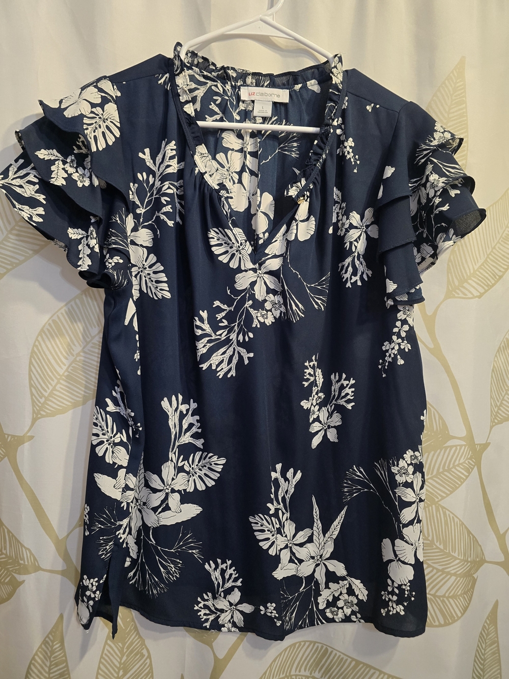 Liz Claiborne Navy and White Floral Ruffle Sleeve Blouse